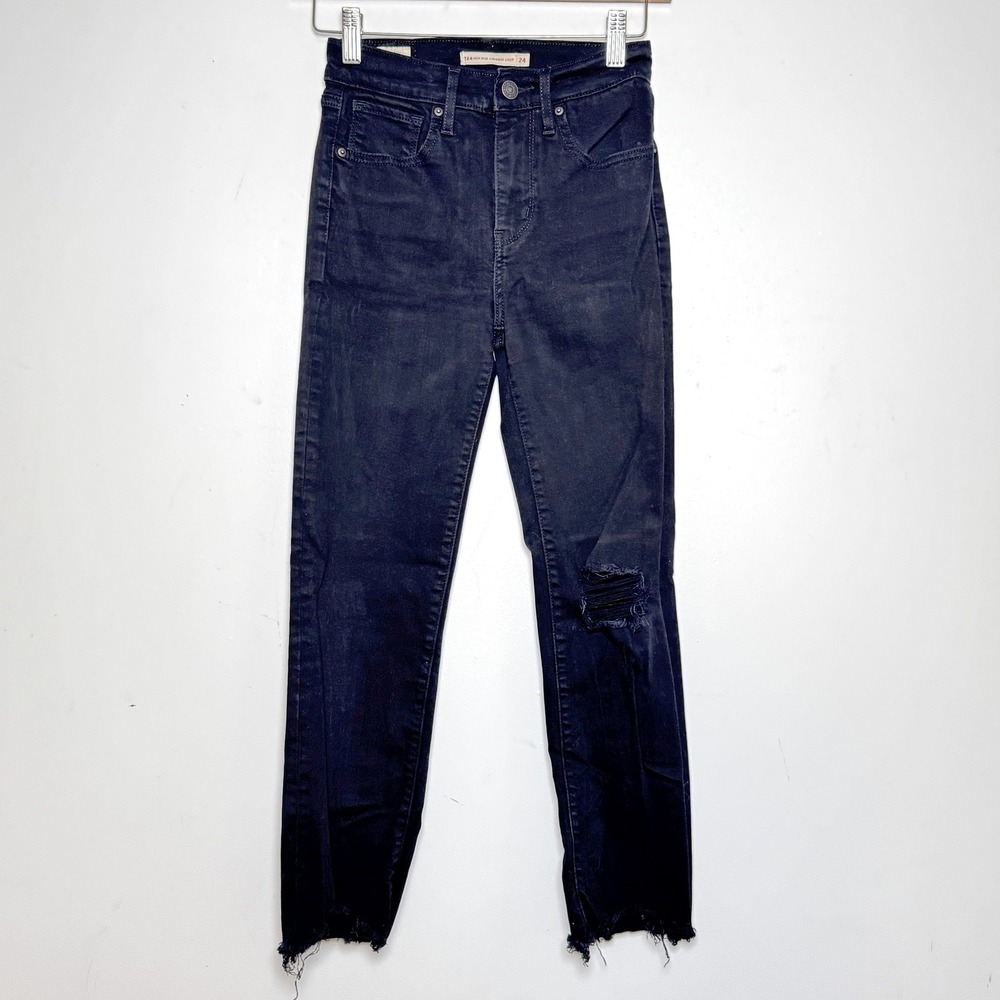 Levi's Premium 724 High Rise Straight Crop Jeans 24 Black Distressed Raw Hem